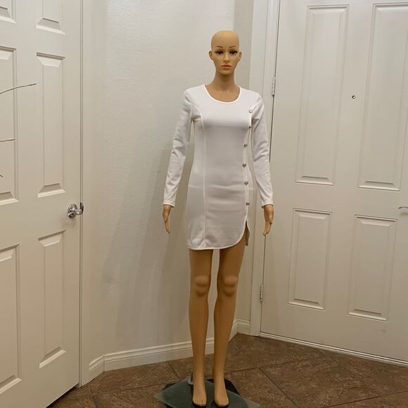 Zhuorankaili White Scoop Neck Mini Long Sleeve Side Sean’s Dress Silver Buttons - Picture 1 of 12